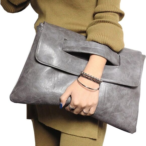 Grey Boho Envelope Bag Vegan Leather - Picture 1 of 5